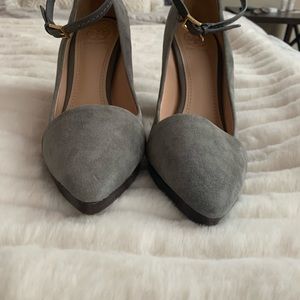 Tory Burch taupe suede heels.
